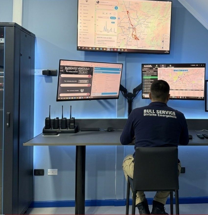 Operador en una central de control con pantallas de monitoreo